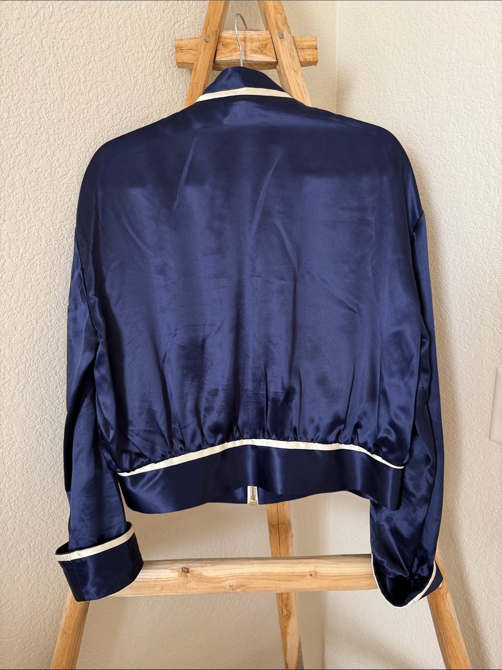 Lanvin Paris Navy Satin Bomber with Pink Poppy Floral Embroidery - Picture 3 of 5